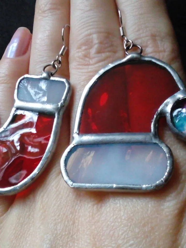 Santas hat stained glass earrings, Christmas hat, New year jewelry, Hygge Christmas decorations, Santa earrings