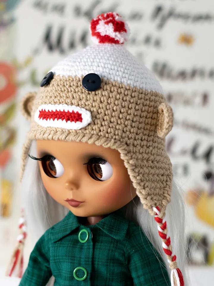 Monkey hat for Blythe doll, Pullip doll, Icy doll, animals hat with ears for Halloween, crochet accessories for doll