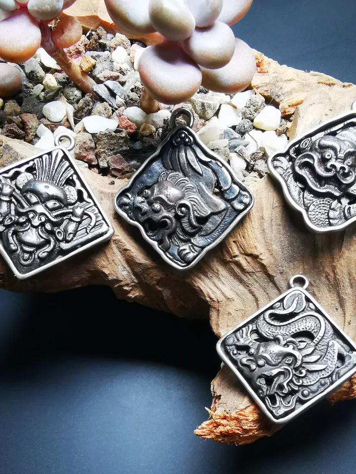 Gandhanra Antique Tibetan Buddhist Amulet,the Four Dignities-Garuda,Tiger,Dragon,Snow Lion,Buddhist Talisman,Inlaid with Sliver