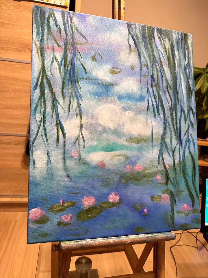 Oil Painting Water Lilies Based on Monet Claude Water Lilies Pond Water Landscape Stretched Canvas 20x16 Inches Wall Decor