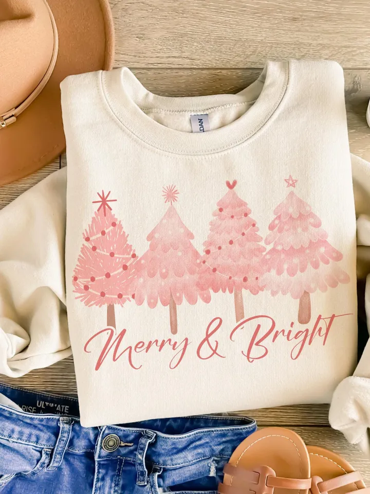 Merry & Bright PNG Sublimation File, Pink Pastel Christmas Sublimation Digital Download, Hand Drawn Christmas Trees, Pretty Pink Christmas
