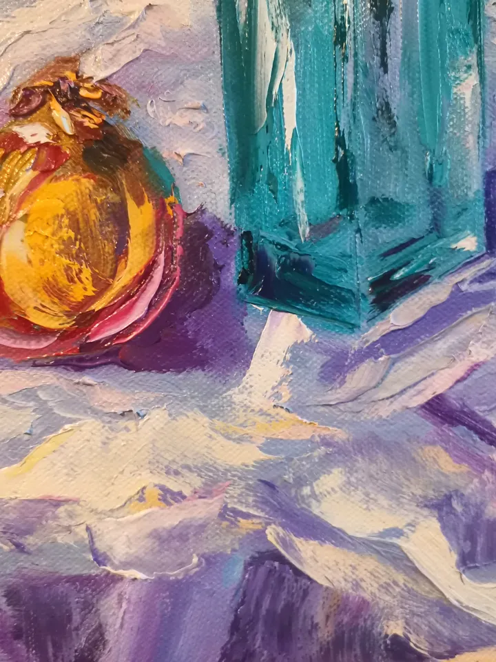 Pomegranate Glass Vase Flowers Pink Roses Impasto Oil Painting Original Artist Svinar Oksana