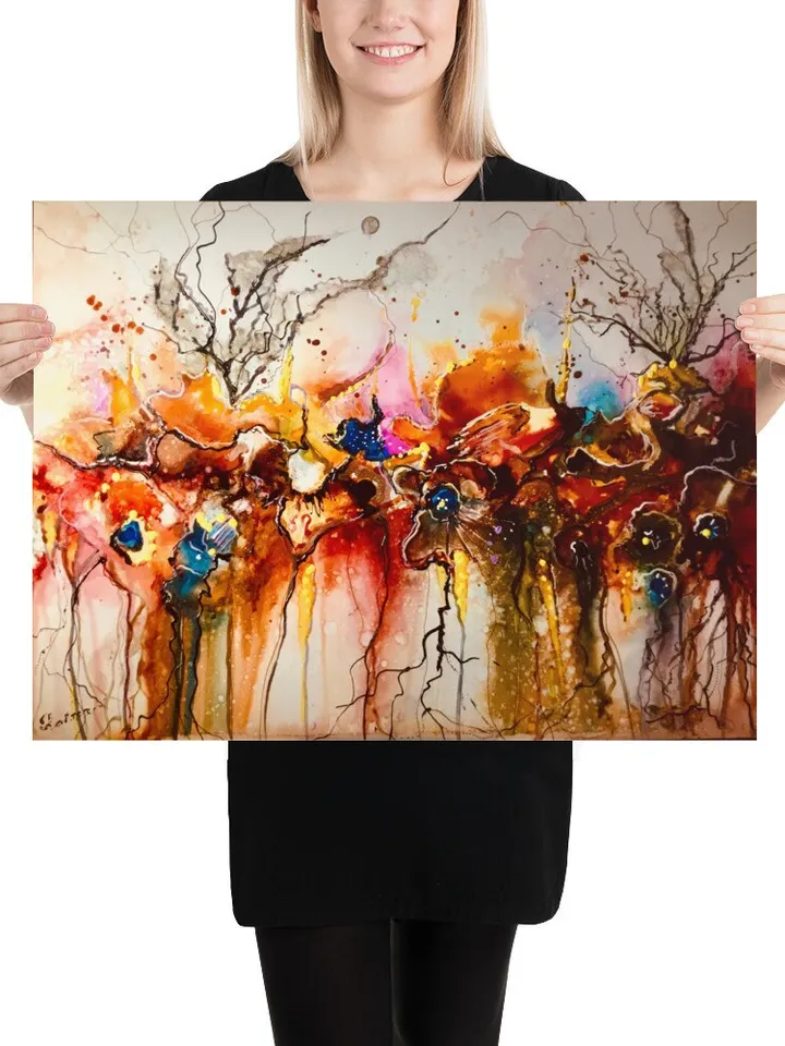 Photo paper poster from my original mix media artwork on yupo paper,colourful floral fantasy wall decoration,unique gift.