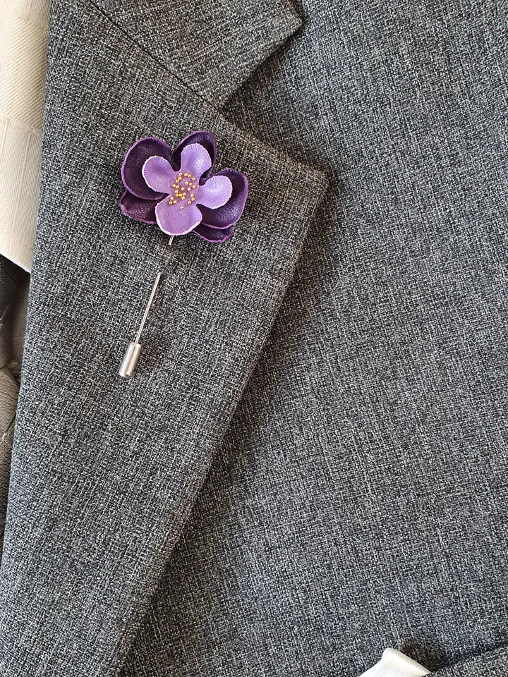 Violet orchid men's lapel pin Leather boutonniere for him 3rd anniversary gift, art.27