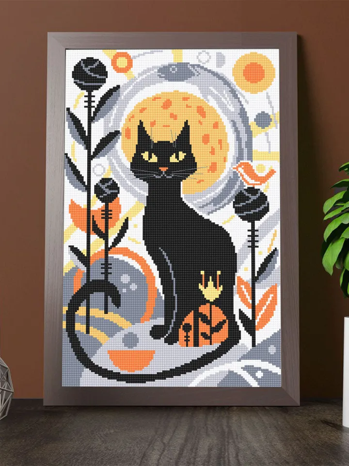 Boho cat cross stitch pattern PDF download Boho cross stitch chart, Abstract pattern digital PDF, Black cat embroidery, Boho wall decor #K21