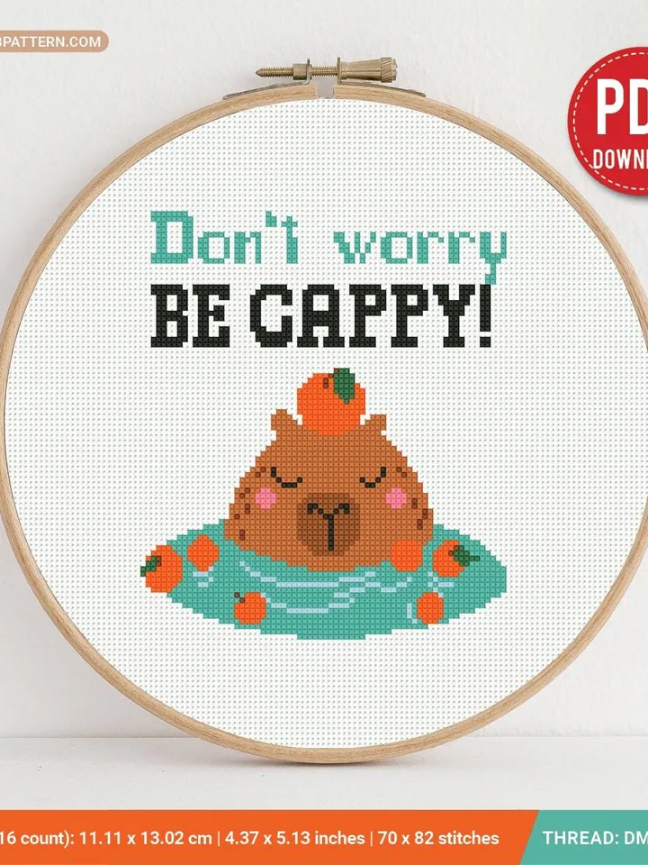 Capybara meme Cross stitch pattern, Don’t worry be cappy, animals, beginner counted, modern chart, gift DIY, embroidery, instant PDF