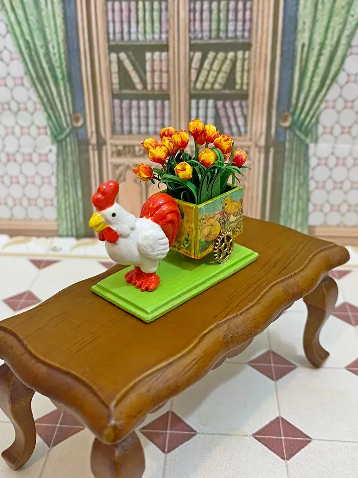 Easter miniature. Cockerel with a cart of tulips. 1:12.