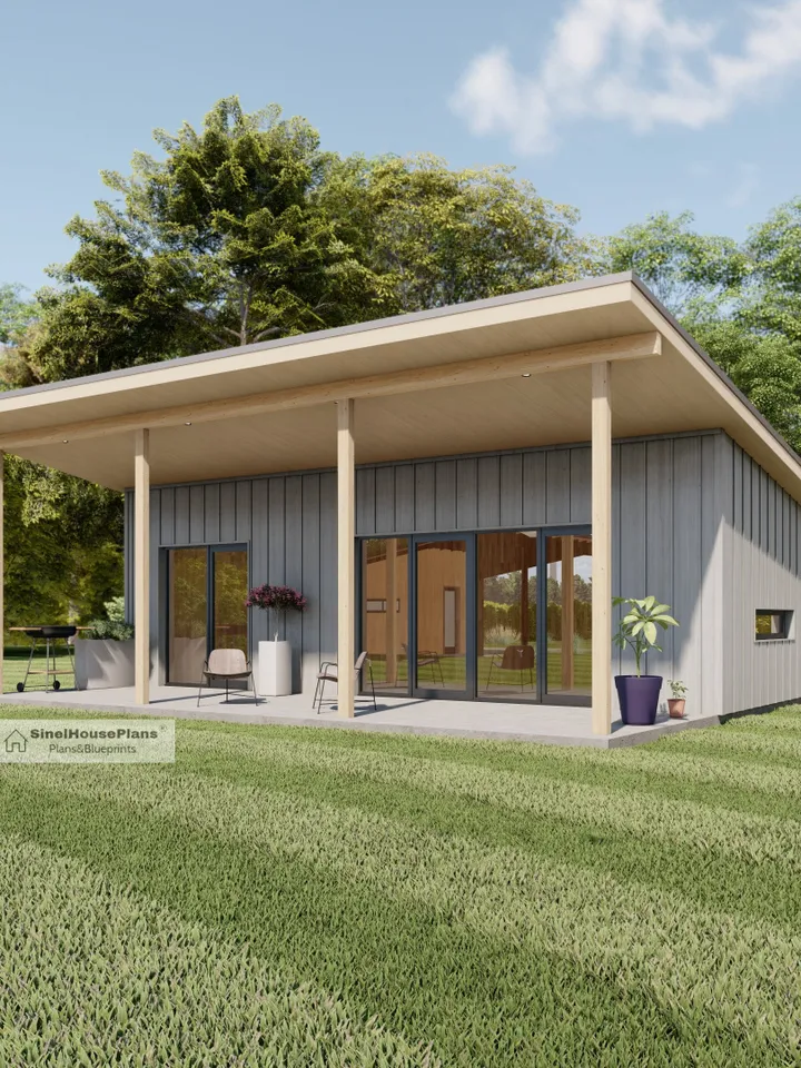 Modern Tiny House plan with Coverage porch, One Bedroom Cabin Blueprints.