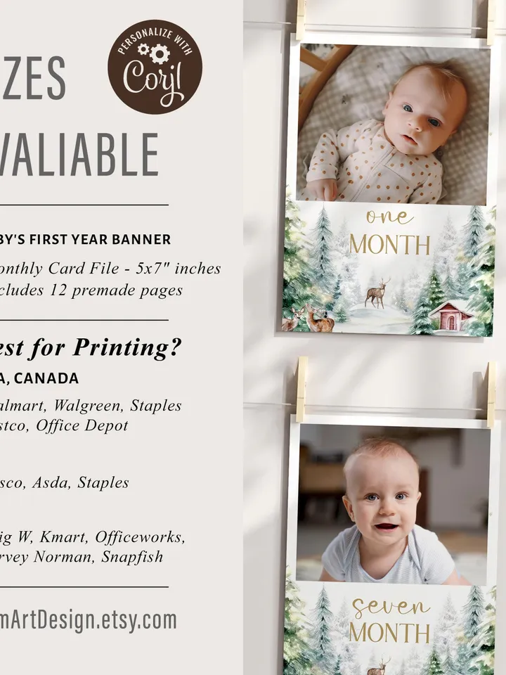 Winter Onederland 1st Birthday Photo Banner, Deer Woodland Photo Banner, Woodland Birthday, Monthly Milestone Photo Instant Download i128