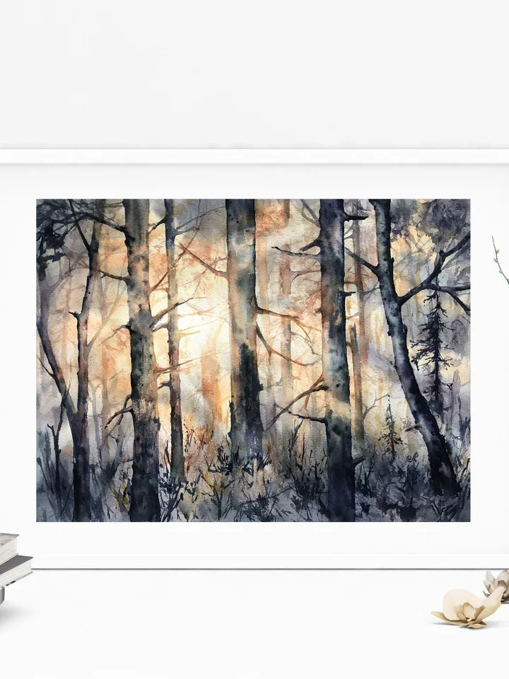 Forest Original Painting Watercolor Sunset Painting Trees Landscape Wall art