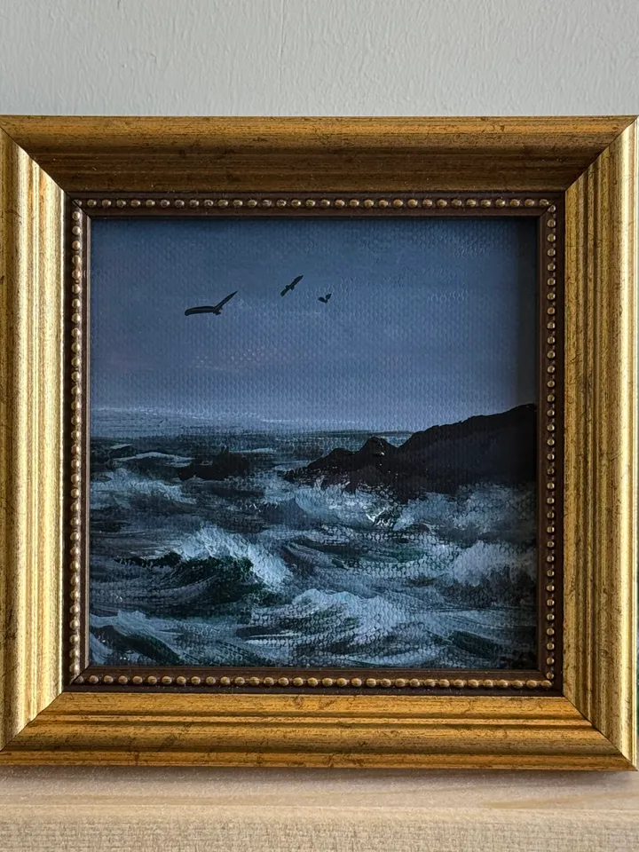 Small Landscape Painting Framed Original Foggy Cliff Painting Antique Misty Art Coastal Gold Frame Tiny Paintings 4 x 4 Art Victorian artwork