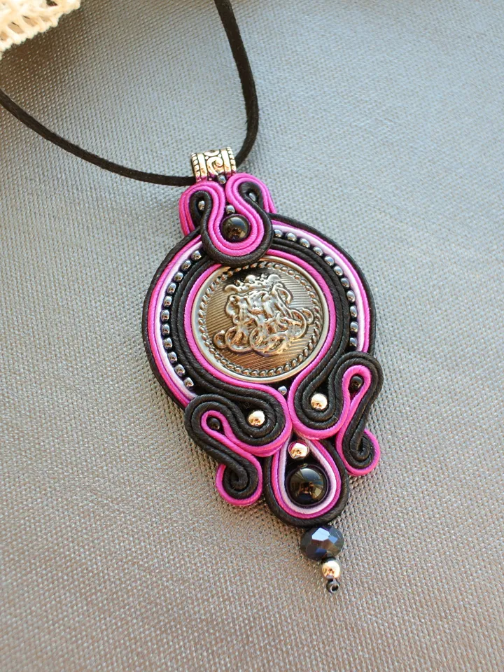 Black and pink boho necklace, Soutache pendant, Embroidered necklace, Ethnic necklace, Mandala