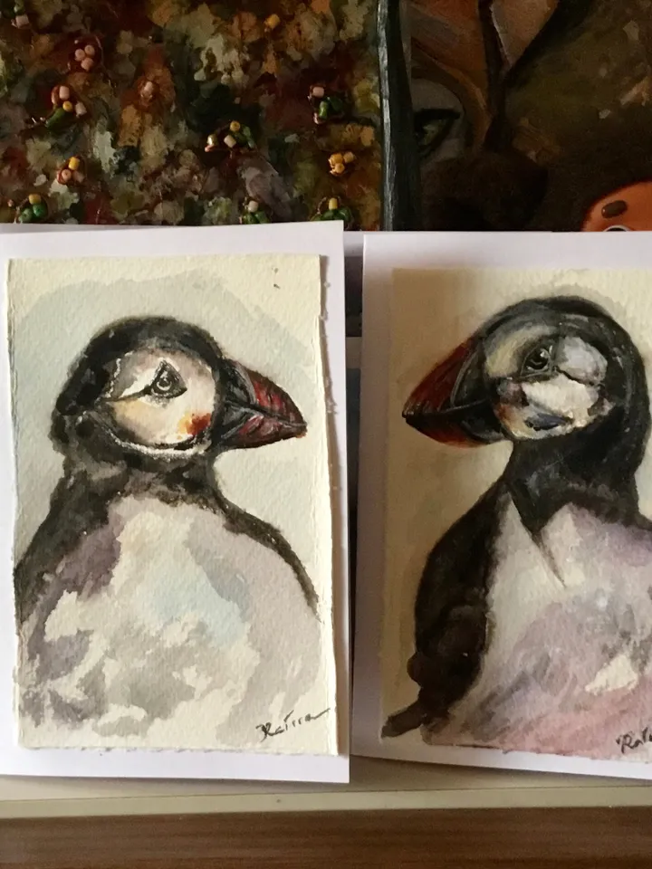 Puffins greeting cards,handpainted watercolour cards,original watercolour paintings,unique handmade gifts,small birds watercolor paintings .