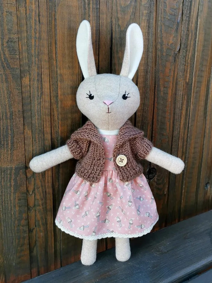 Beige bunny girl, handmade stuffed doll, fabric plush rabbit toy, wool animal doll