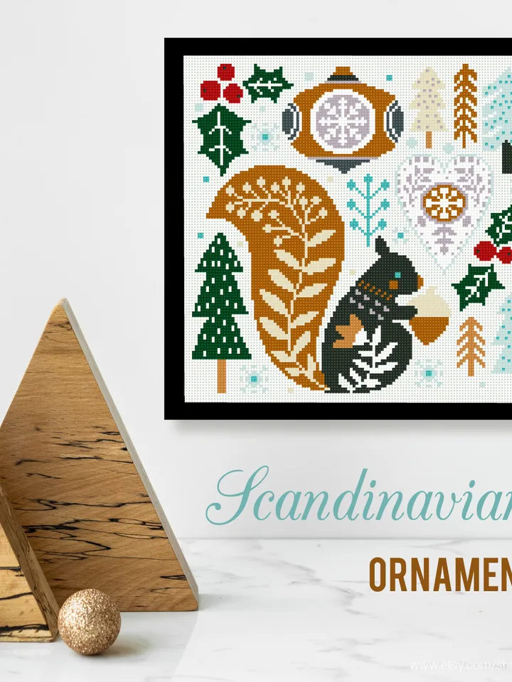 Scandinavian Christmas Bundle stitch pattern squirrel ornament New Year decor cross stitch pattern counted DIY embroidery instant PDF