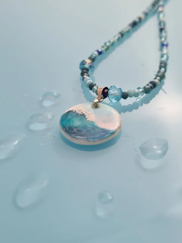 Wave necklace, surfer jewelry, sea wave miniature painting on pearl pendant