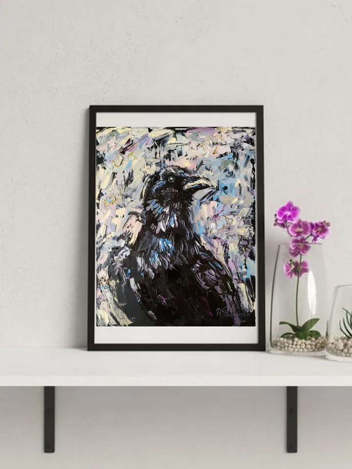 Raven Painting Bird original art 10 by 8 inches Black Raven Wall Art Crow artwork oil painting by Natalia Plotnikova