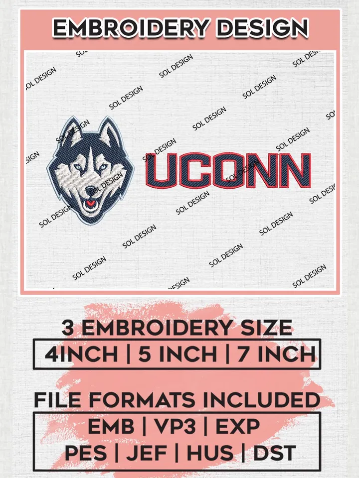 NCAA UConn Team Logo Machine Embroidery Design, NCAA UConn Huskies Embroidery Design Design files, NCAA Team Embroidery Designs, NCAA Machine Embroidery Designs, Digital Download