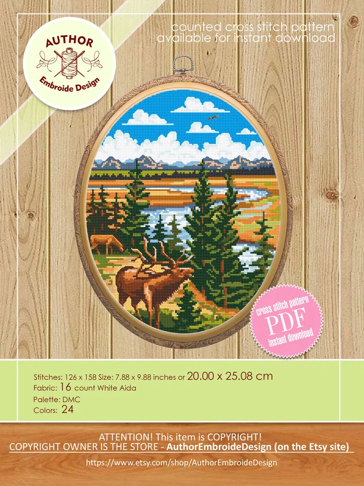 Yellowstone National Park cross stitch pattern PDF download Nature cross stitch chart, Deer embroidery PDF, Wildlife pattern digital #L29