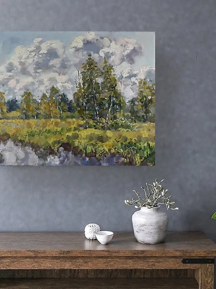 Autumn Painting Landscape Original Art Fall Nature Cloudy Day Birch Trees Canvas
