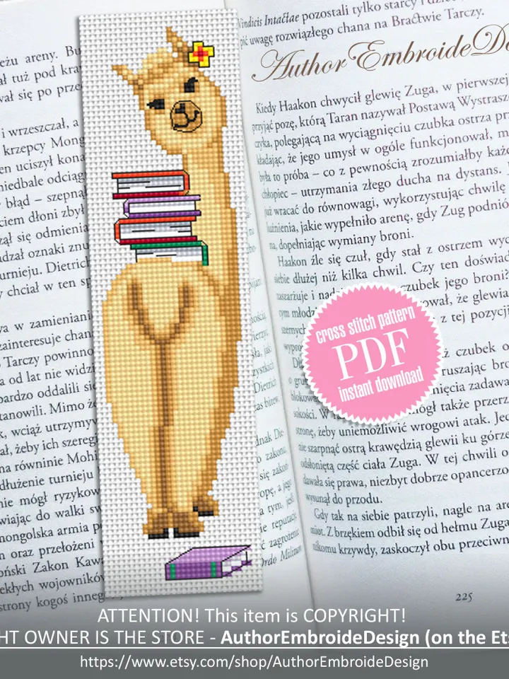 Llama bookmark cross stitch pattern PDF download Llama cross stitch chart, Funny animal bookmark pattern digital PDF, Book accessories #B334