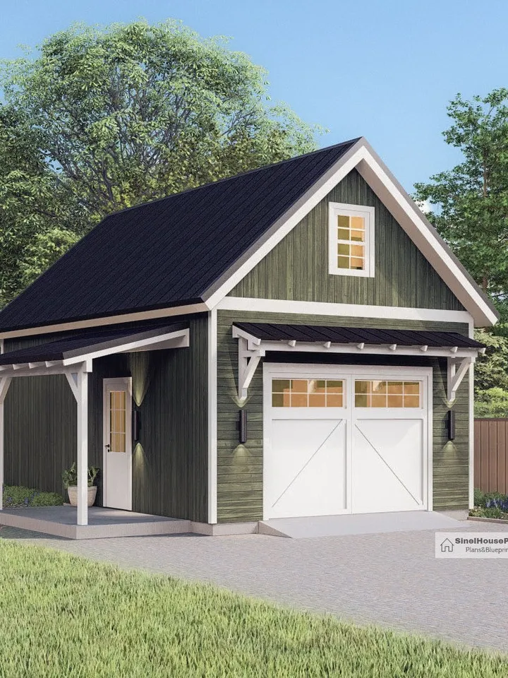 Single Garage Architectural Plan with Loft, 16'x24' Traditional One Car Garage Blueprint