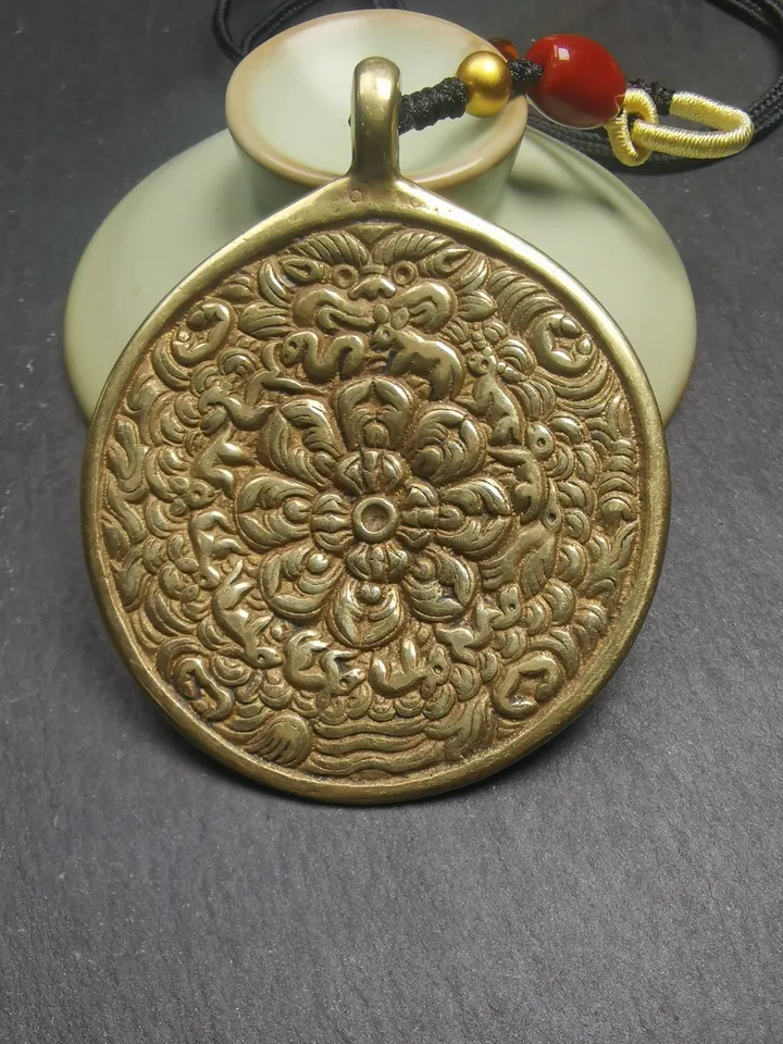 Gandhanra Tibetan Buddhist Mandala Flower Amulet Melong Mirror Pendant | Tibetan Calendar Badge | Handmade 55mm Feng Shui Protective Charm