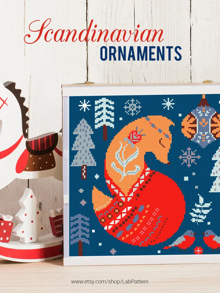 Scandinavian Fox stitch pattern, Christmas, ornament, New Year decor cross stitch pattern, counted, chart, gift DIY, embroidery, instant PDF