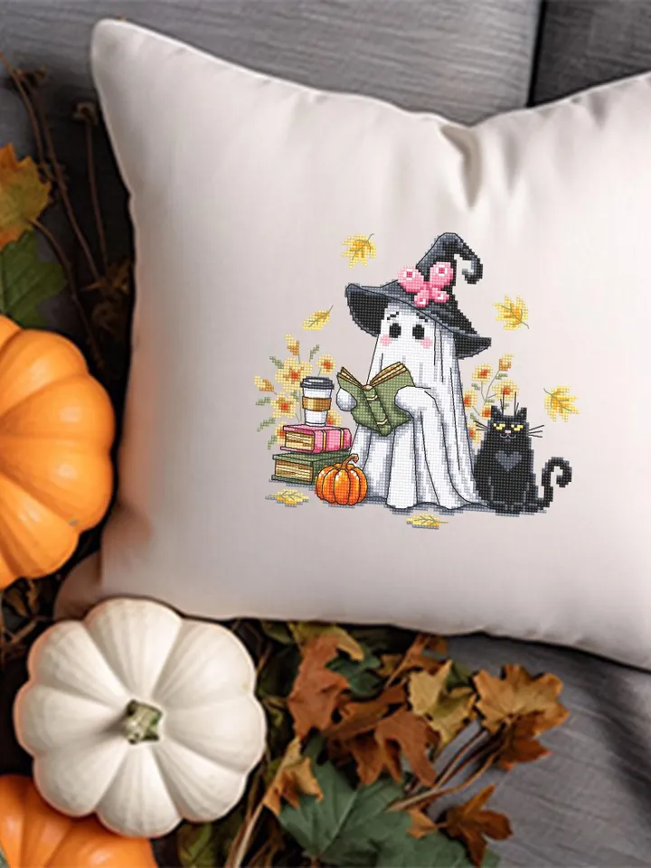 Cute ghost cross stitch pattern PDF download Ghost witch cross stitch chart, Halloween pattern digital PDF, Ghost reading, Black cat #H85