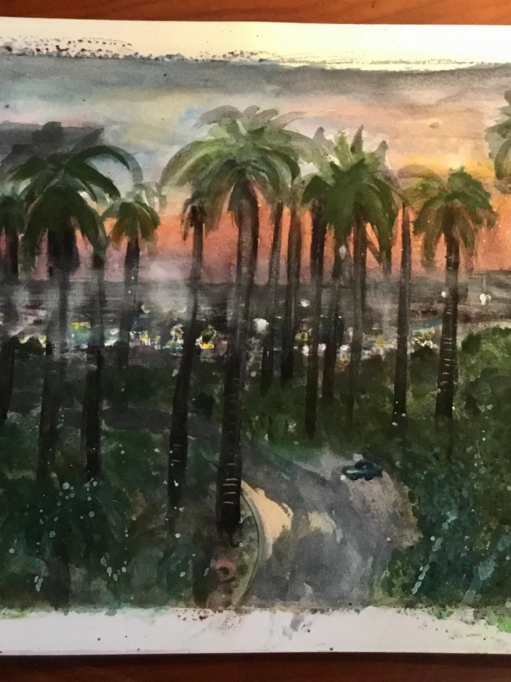 Los Angeles original watercolour painting,sunset palm trees painting,wall art,city painting,USA painting,unique handmade watercolor art.
