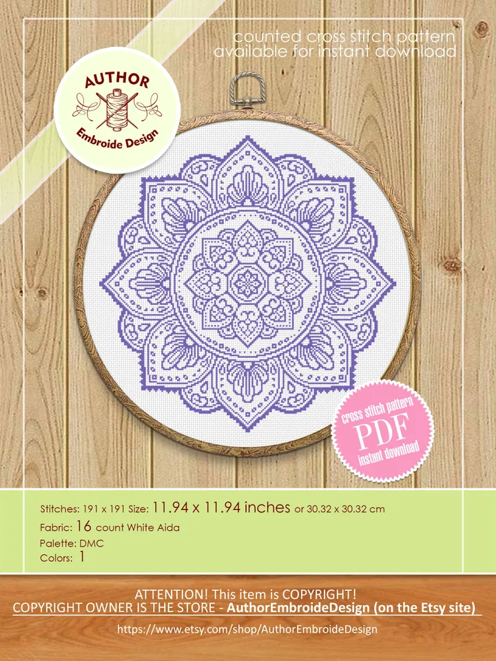 Flower mandala cross stitch pattern PDF download Monochrome cross stitch chart, Simple mandala pattern digital PDF, Mandala ornament #M264