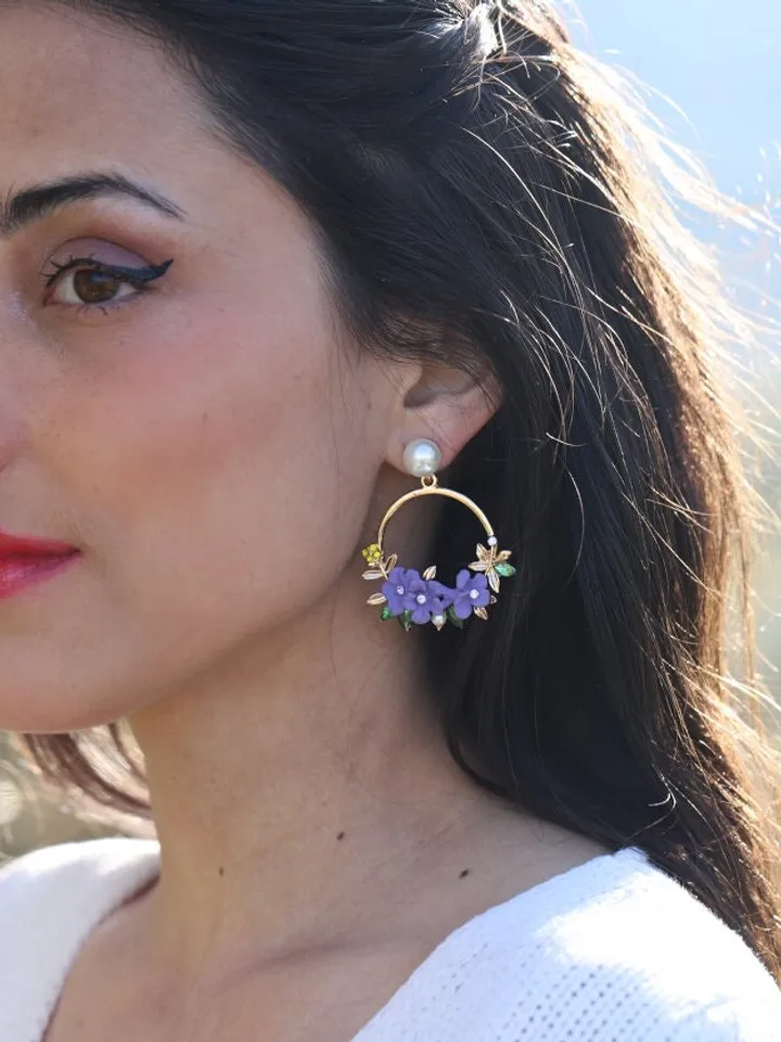 Purple Boho Wedding Earrings | Porcelain Flowers Hoop Bridal Earrings | Gold Boho Wedding Jewelry | Floral Bridal Earrings | Accessories