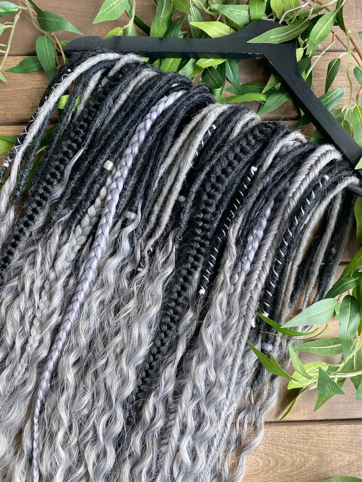Black and gray synthetic crochet curly Double ended Dreads Ready to ship