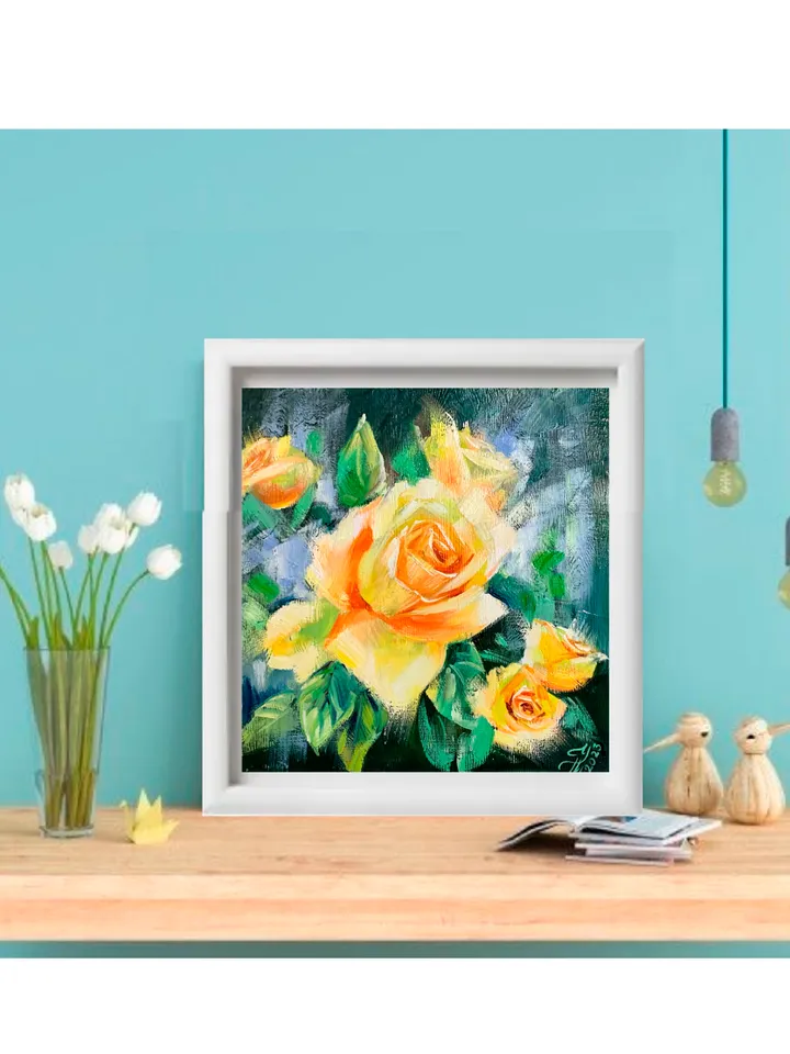 Oil Painting with Yellow Roses, Miniature Wall Art, Anniversary Gift