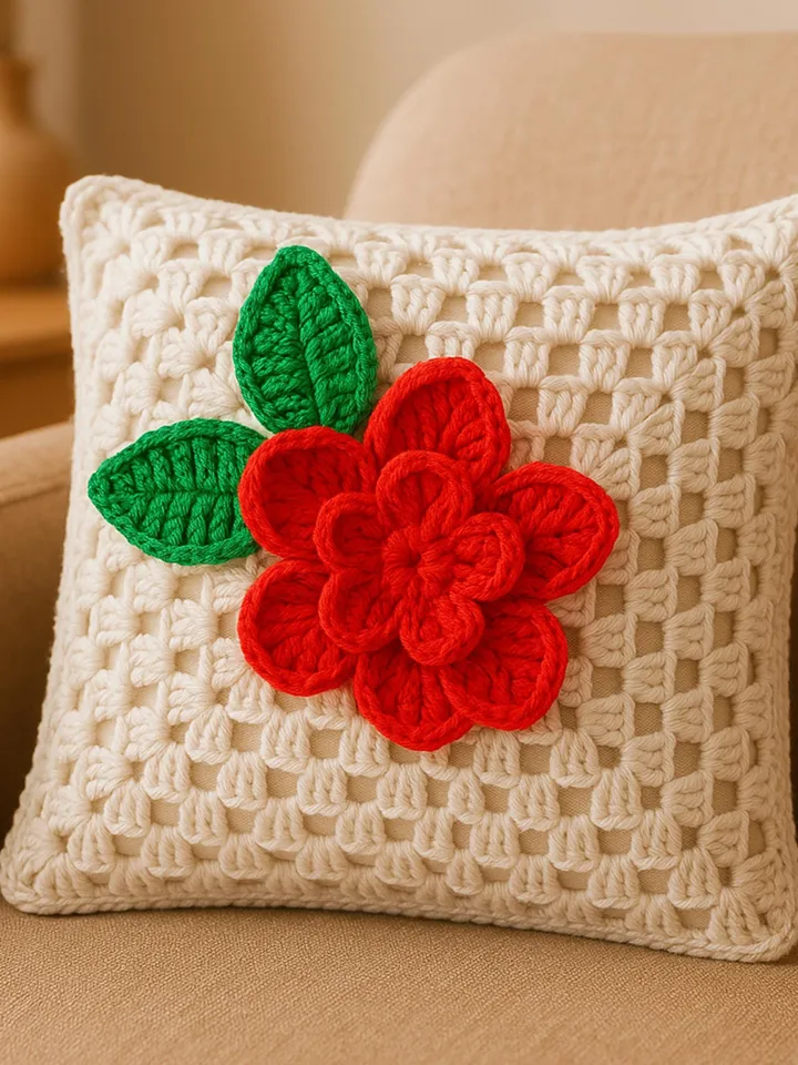 3D Crochet Granny Square Pattern PDF with Red Textured Bloom, DIY Afghan Blanket Motif, Instant Digital Download
