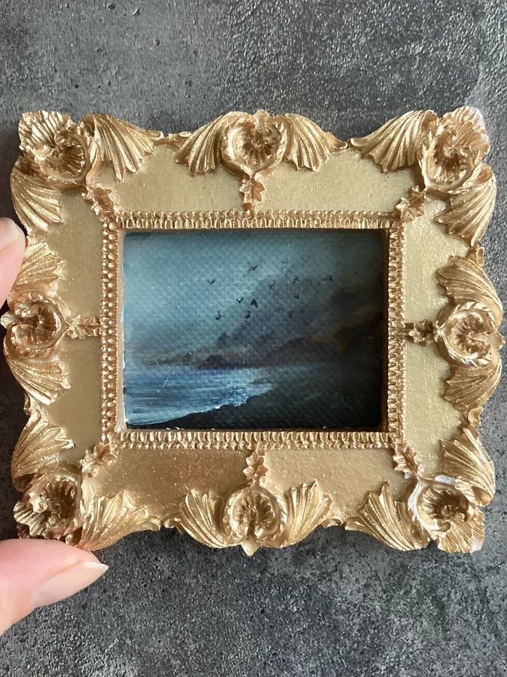 Small Landscape Oil Painting Framed Original Foggy Coast Painting Antique Ocean Art Gold Frame Tiny Paintings 3 x 4 Birds Art