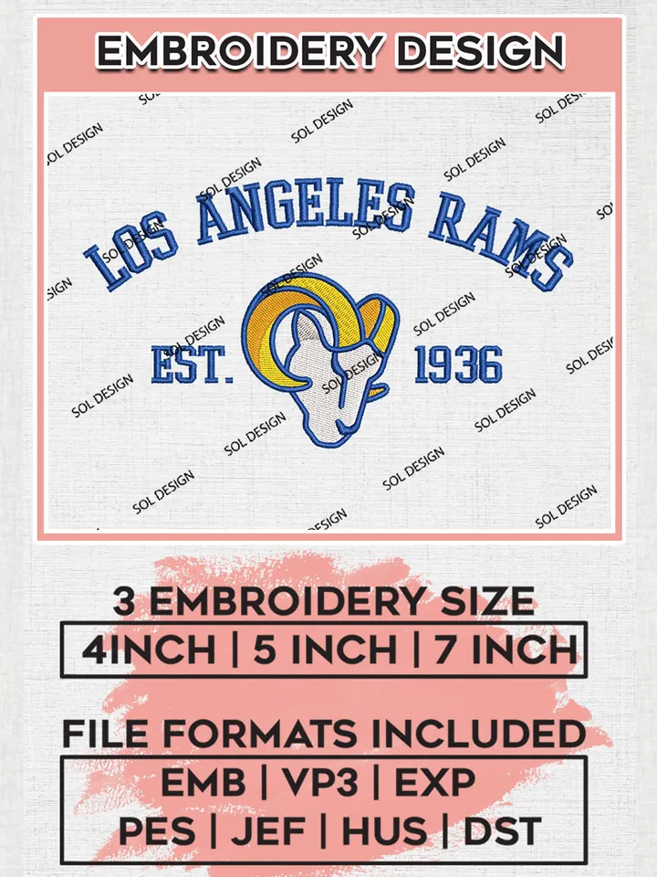 Los Angeles Rams Est 1936 Embroidery Designs, NFL Rams, NFL Embroidery Designs, NFL Los Angeles Rams Machine Embroidery Design, Digital Download