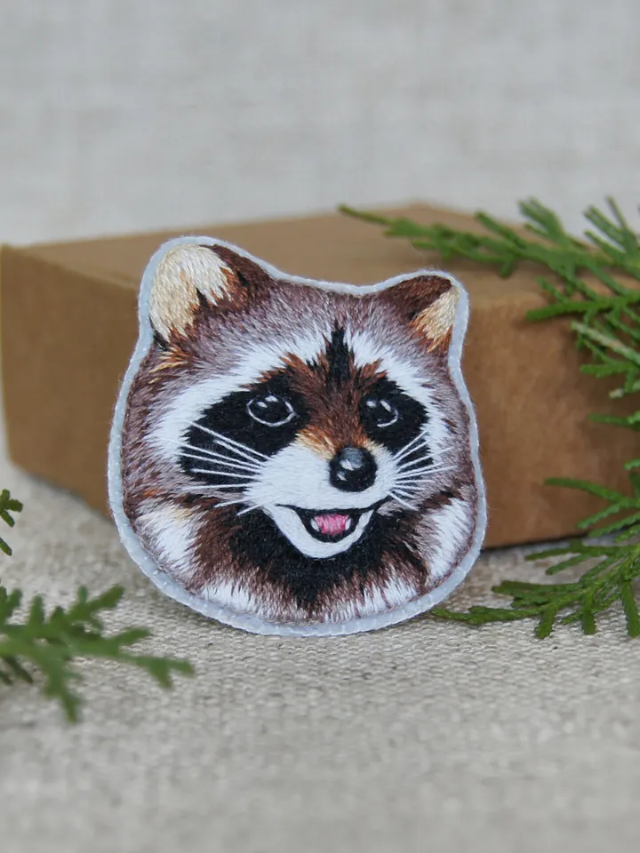 Brooch Raccoon. Small forest animal. Embroidered brooch.