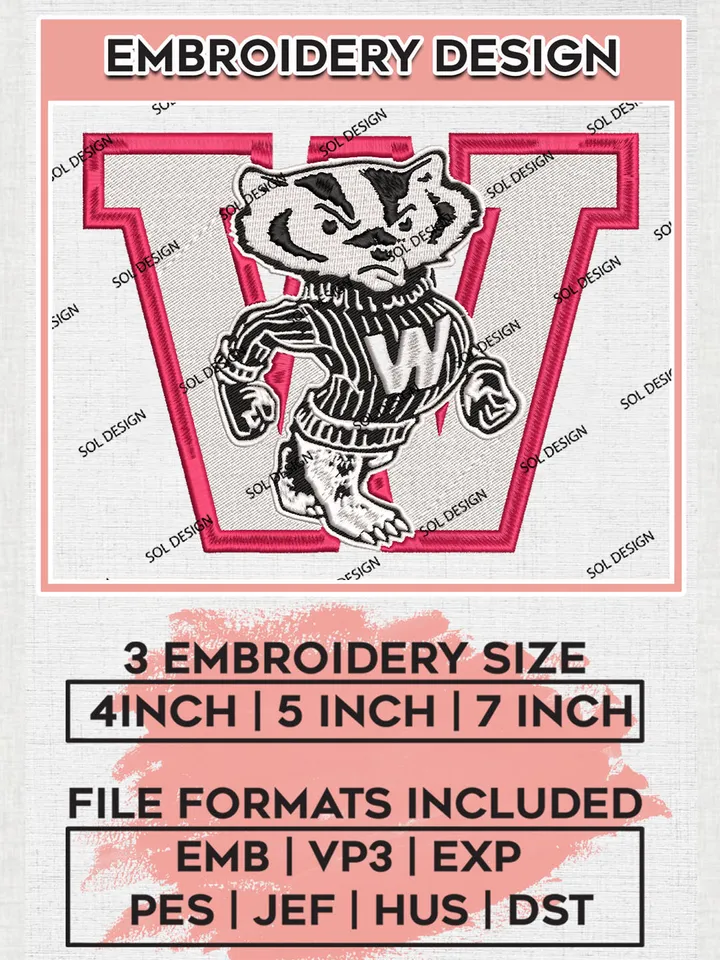 NCAA Wisconsin Badgers Team Logo Embroidery Design Files, NCAA Wisconsin Badgers Machine Embroidery, NCAA Teams, 3 sizes, NCAA Machine embroidery designs, Digital Download