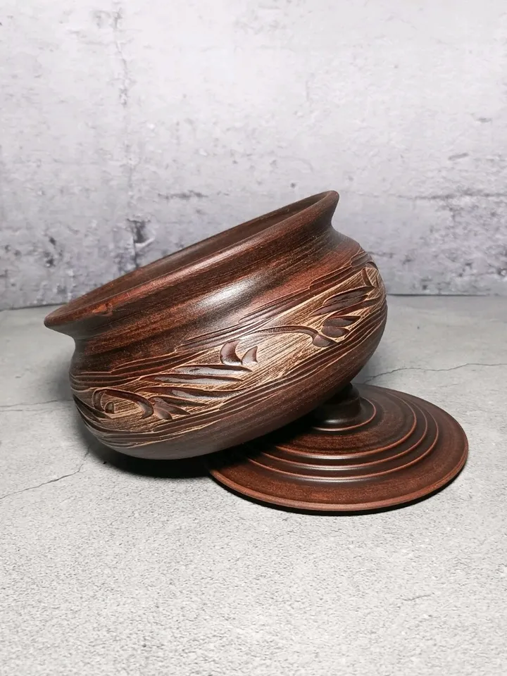 Pottery casserole. Handmade from red clay, carved pattern. Eco-friendly product