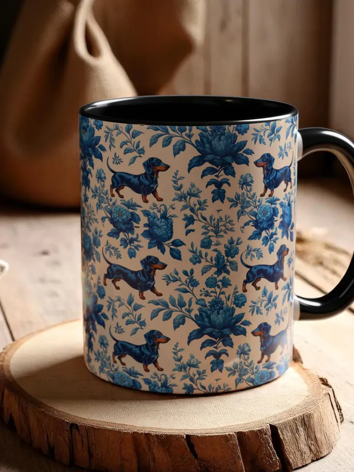 Dachshund French Toile de Jouy Ceramic Mug, Toile Coffee Cup for Doxie Mom, Sausage Dog Lover Gifts, Dog Tea Drinkware, Gift For Dog Lovers