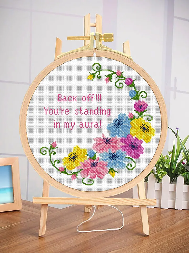 Funny framed quote cross stitch pattern PDF Floral frame cross stitch chart, Flower wreath cross stitch Instant download PDF, Back off #Q33