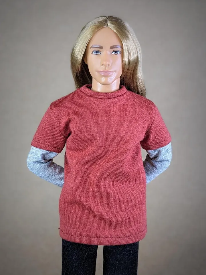 Red & gray long-sleeve T-shirt for 12-inch fashion male dolls