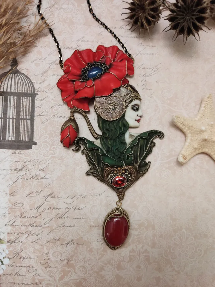 Red Poppy necklace, Art Nouveau Romantic Flower, Jewelry Nature Pendant, Poppy
