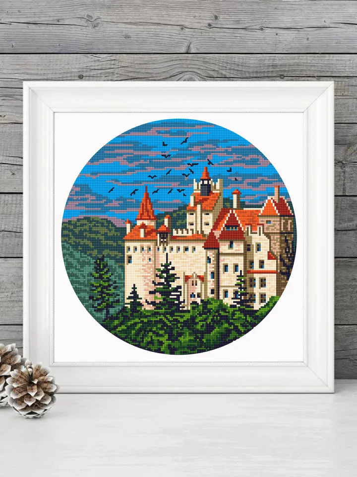 Dracula's Castle cross stitch pattern download PDF Old Bran castle embroidery PDF, Nature landscape cross stitch Medieval castle picture #C4