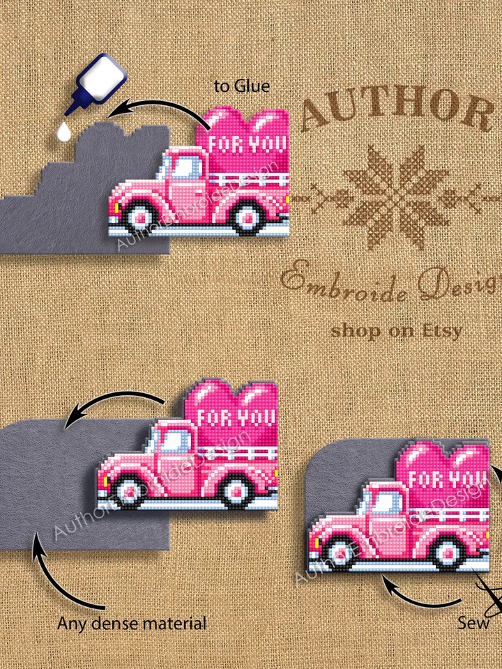 Valentine truck Corner bookmark cross stitch pattern PDF download Pink truck cross stitch chart Valentine bookmark pattern digital PDF #B398