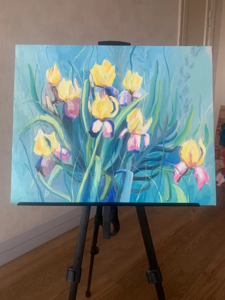 Irises in turquoise light yellow flowers original painting abstract modern style