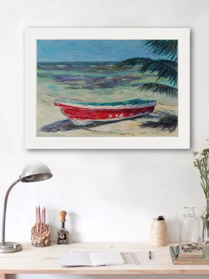 Boat oil painting beach artwork