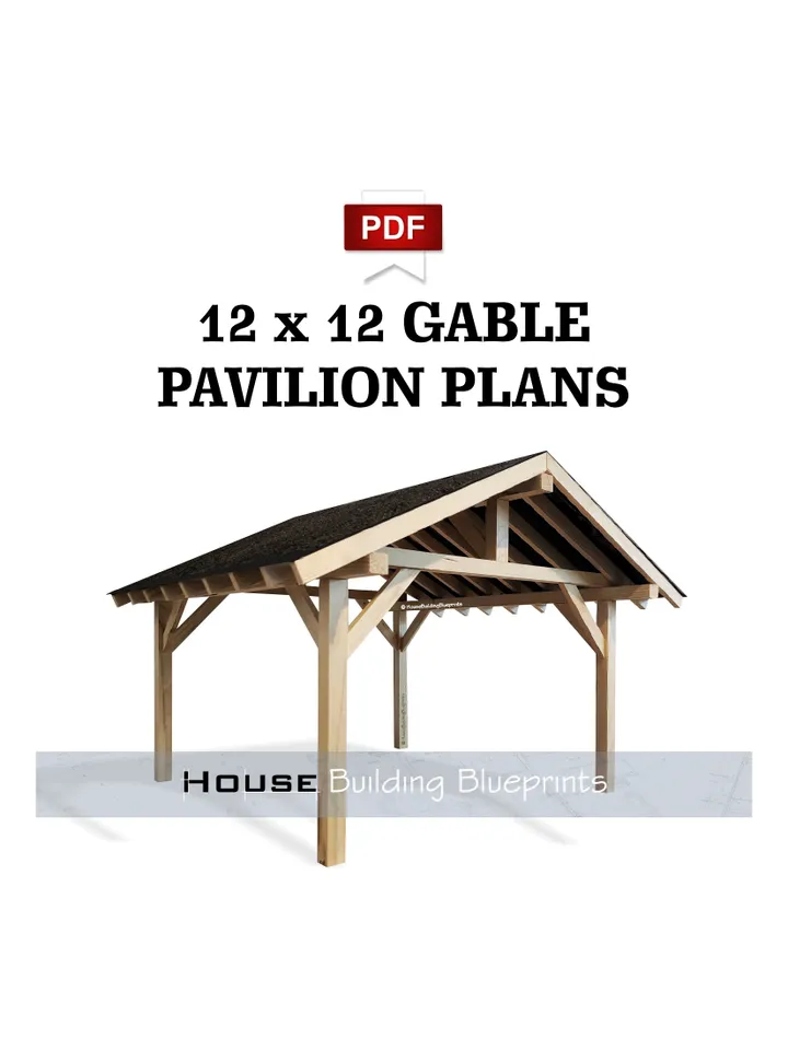 Covered 12' x 12' gable pavilion plans for DIY. Outdoor carport plans. Diy backyard wooden gazebo plans for patio in pdf