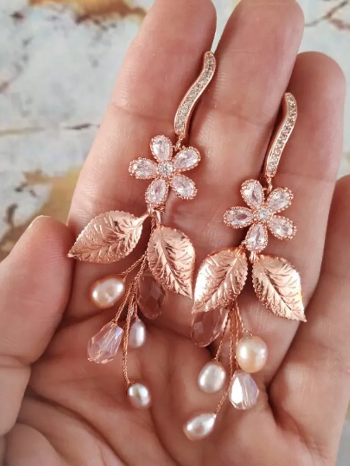 Rose Gold Diamond Bridal Earrings | Boho Statement Wedding Earrings | Floral Wedding Jewelry | Bridesmiad Gift | Pearl Bridal Jewelry |